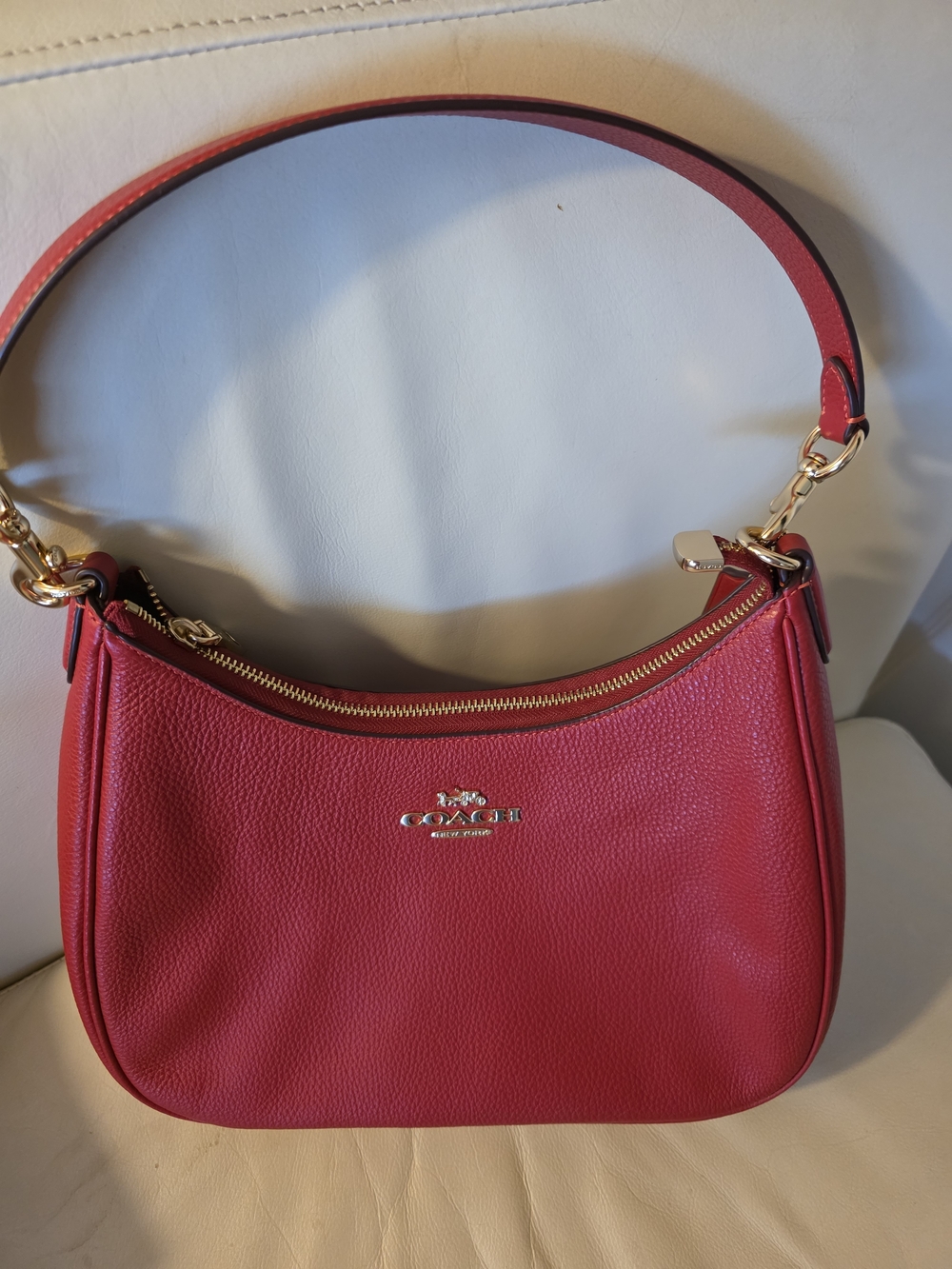 Coach Pebbled Leather Shoulder Bag in Red with Gold Hardware